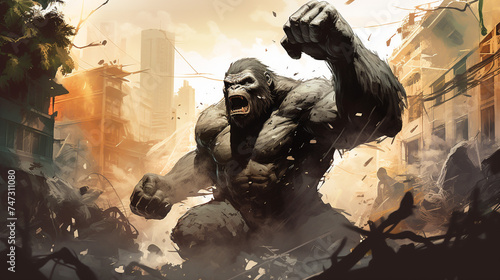Urban jungle Amidst a concrete jungle, a huge gorilla clenches its fists, ready to demolish buildings in a display of raw power