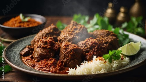 a plate of beef rendang with rice, typical Indonesian food photo