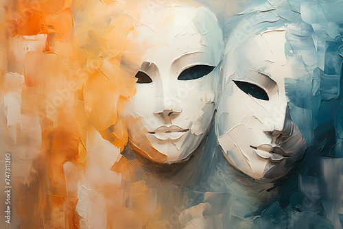 Two white masks, abstract oil painting on canvas, no people