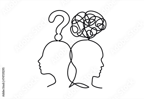 Concept of confusion in the head and question mark. Continuous One line drawing. Problems stress illness and depression concept