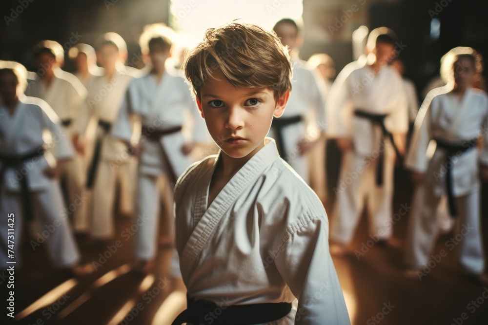 Fototapeta premium a karate practitioner Boy, his expression a testament to the dedication and discipline cultivated in the martial arts.