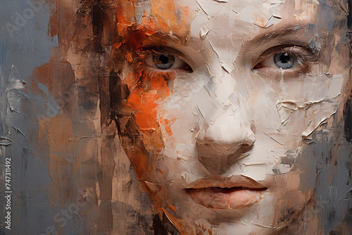 Beautiful woman with blue eyes close-up, portrait, abstract oil painting
