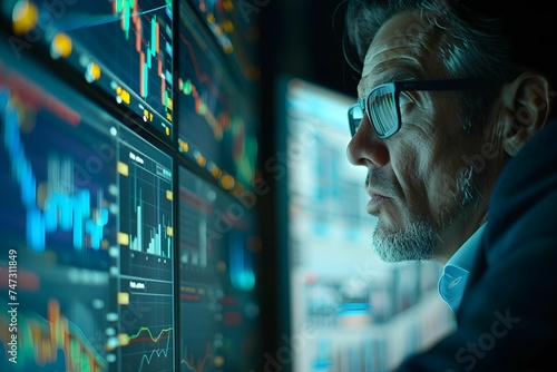 Engrossed in his work, a male trader wearing a headset observes multiple screens showing stock market graphs and data analysis.