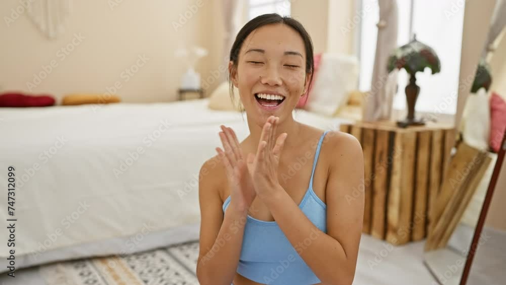 Joyful young chinese woman celebrating victory on yoga mat in bedroom, a winning smile on her face as she raises arms in triumph Joyful young chinese woman celebrating victory on yoga mat in bedroom, a winning smile on her face as she raises arms in triumph