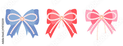 Set of bowknot isolated on white background. Bow with ribbon and beads for decoration. Collection gift bows