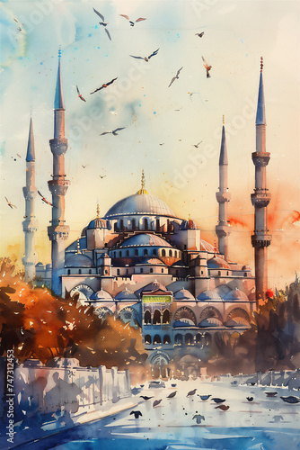 illustration of a mosque with oil paintings