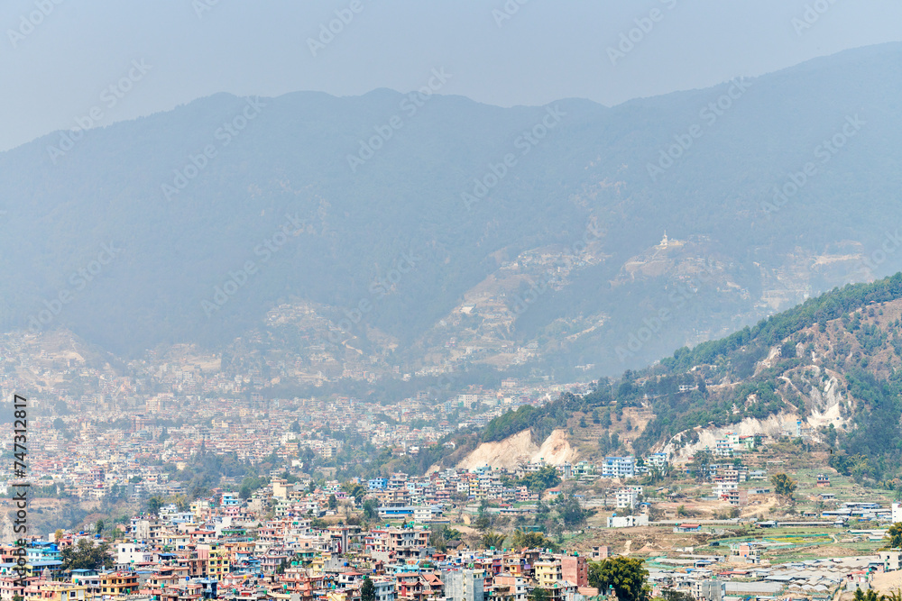 View of Kathmandu capital of Nepal from mountain through urban haze ...