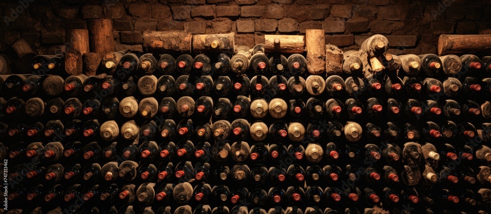 Numerous wine bottles are skillfully stacked on top of each other, creating a visually striking display in a cellar setting.