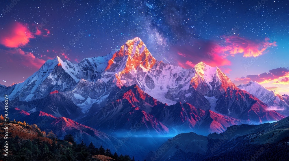 A mountain range, cradled by the celestial glow of the Milky Way, stands as a testament to the boundless beauty of the universe, its peaks a silent witness to the timeless dance of the cosmos. - obrazy, fototapety, plakaty 