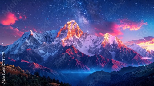 A mountain range, cradled by the celestial glow of the Milky Way, stands as a testament to the boundless beauty of the universe, its peaks a silent witness to the timeless dance of the cosmos.