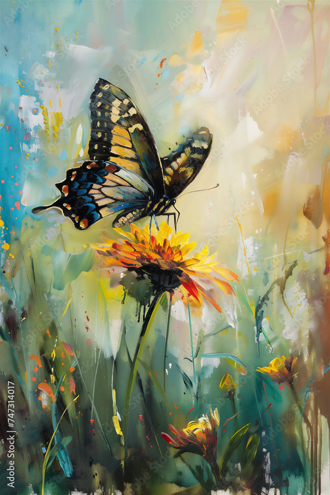 ilustration oil painting, butterfly on the flower