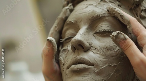 A closeup of a students hands as they sculpt a clay figure a look of concentration evident on their face.