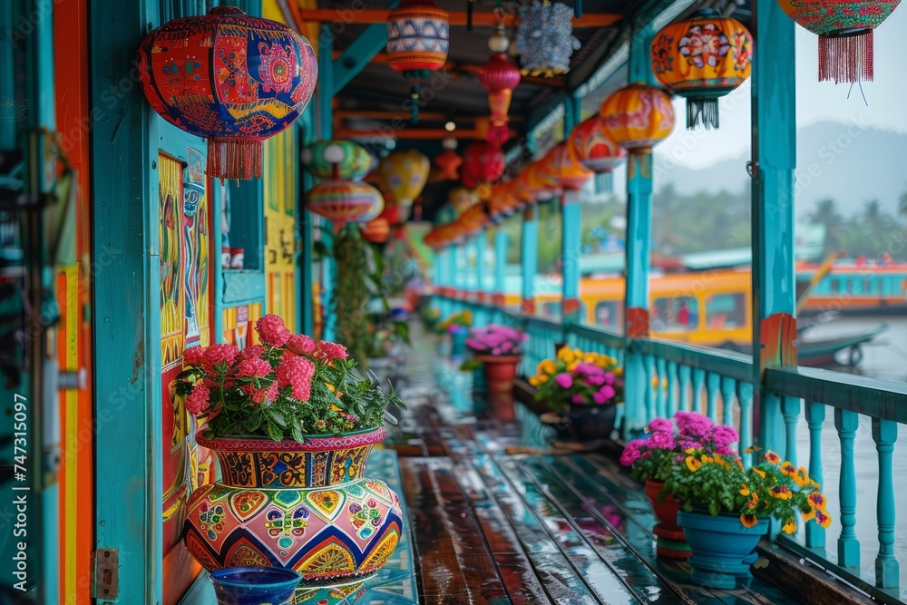 Fototapeta premium Vibrant traditional lanterns hanging on a beautifully decorated porch with colorful floral arrangements, showcasing cultural artistry.