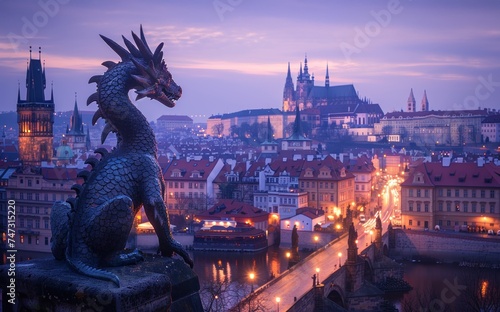 Dragon Sculpture in Prague: A Gothic Marvel in the Heart of the Czech Republic. Amidst the Old Town's Towering Architecture and Medieval Charm