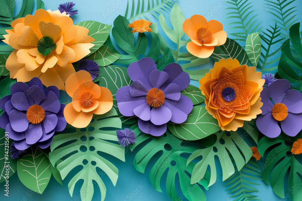 Fototapeta premium Paper craft Flower Decoration Concept. Flowers and leaves made of pape. Generative AI