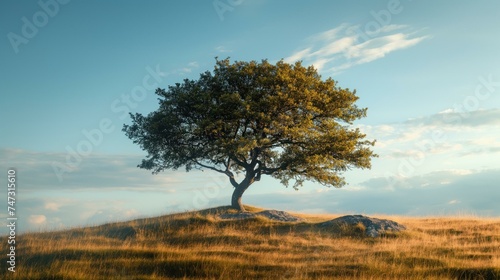 Solitary tree on a golden field at summer sunset