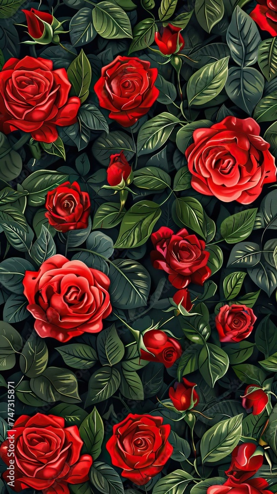 Vibrant red roses on dark illustrated floral background Vibrant red roses on dark illustrated floral background