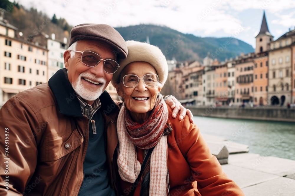 Senior couple enjoying spring vacation in European town