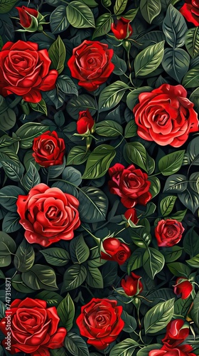 Vibrant red roses on dark illustrated floral background