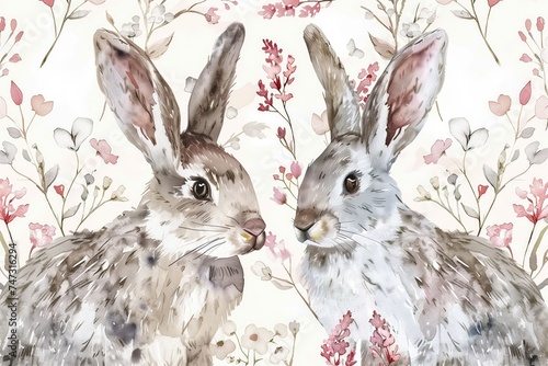 watercolour bunny rabbit illustration pattern, in the style of nature-based patterns