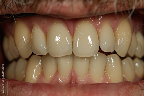 Front view of separate dental arches, lips and cheeks retracted. Unhealthy teeth with barely visible micro cracks and a blackish brown color in proximal areas extrinsic staining like black stain.