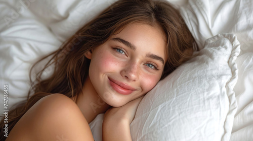 A smiling wonderful girl embracing strong her white big pillow, side view before sleeping, Lying in the bed.
