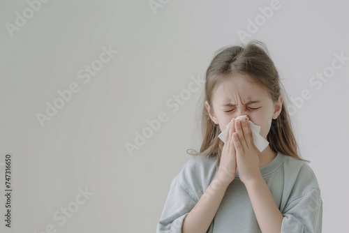 child blowing his nose into a napkin against allergies and colds on a blue background