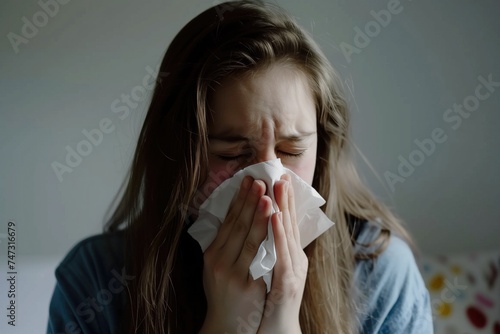 Woman blowing her nose into a napkin for allergies and colds