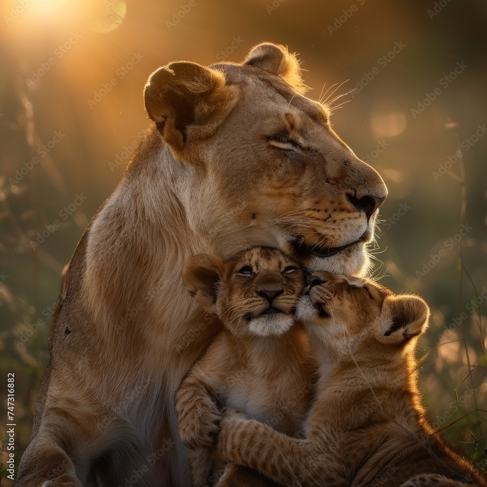 Obraz premium Mother Lion and Cubs. Capturing the Essence of Family in the African Wilderness. An Intimate Portrait of Wildlife in Tanzania Savannah
