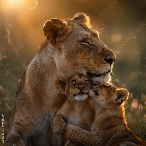 Mother Lion and Cubs. Capturing the Essence of Family in the African Wilderness. An Intimate Portrait of Wildlife in Tanzania Savannah
