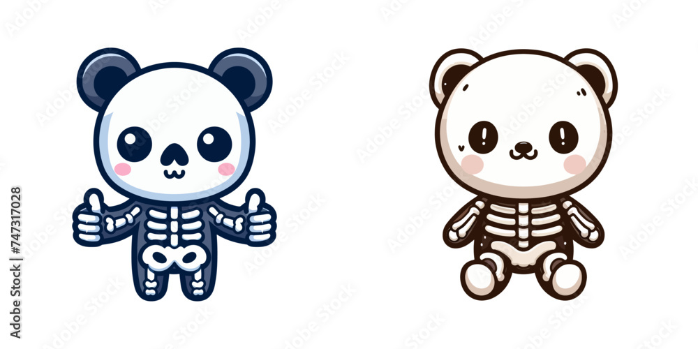 A cartoon vector icon depicting a panda bear and a panda bear skeleton side by side.