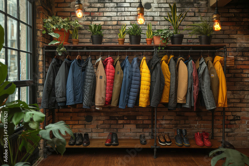 Rack with clothes near brick wall. Generative AI