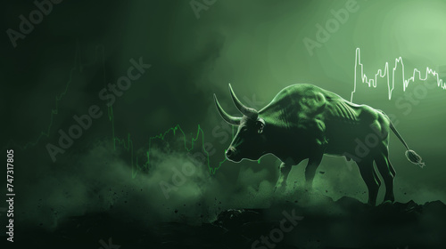 Charting the Bull Market in Mysterious Fog - The bull symbolizes a strong market presence amid mystical fog, with glowing trend lines
