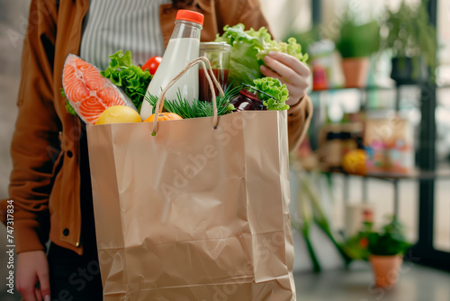 Close-up of female hands holding a package with fresh vegetables, fruits, salmon. Healthy eating and keto diet