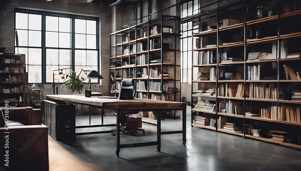 Industrial-style office with concrete floors, raw, library room with books Industrial-style office with concrete floors, raw, library room with books