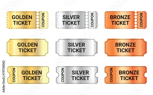 Golden, silver and bronze ticket coupon set