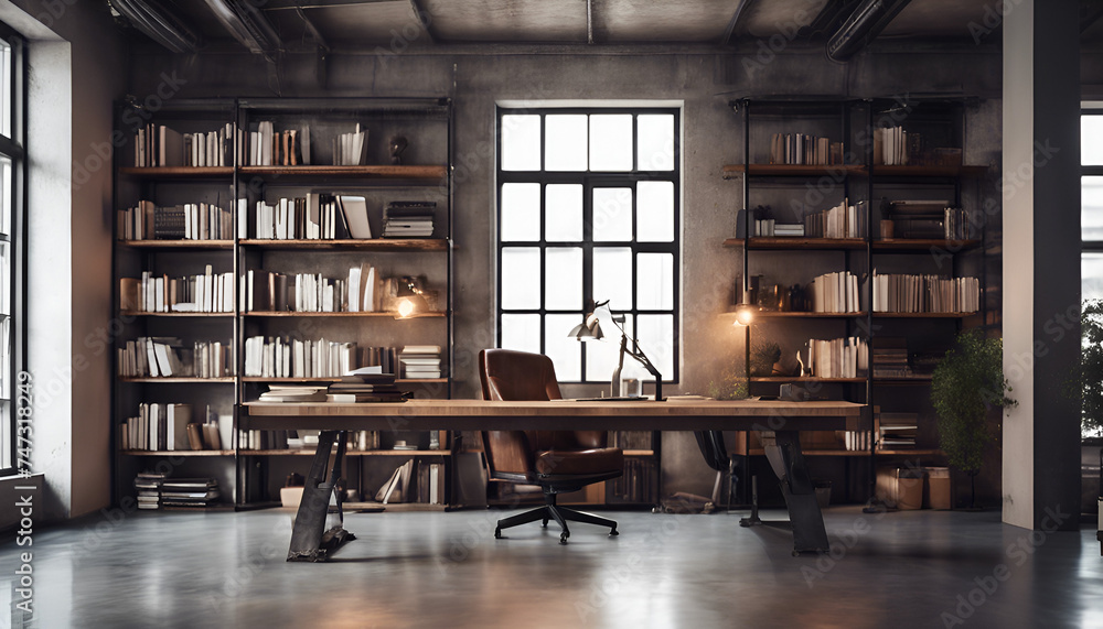 Industrial-style office with concrete floors, raw, books, interior of an house