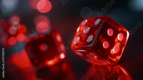 a high definition photorealistic close up picture of two luxorious red dices in the upper part of a the picture