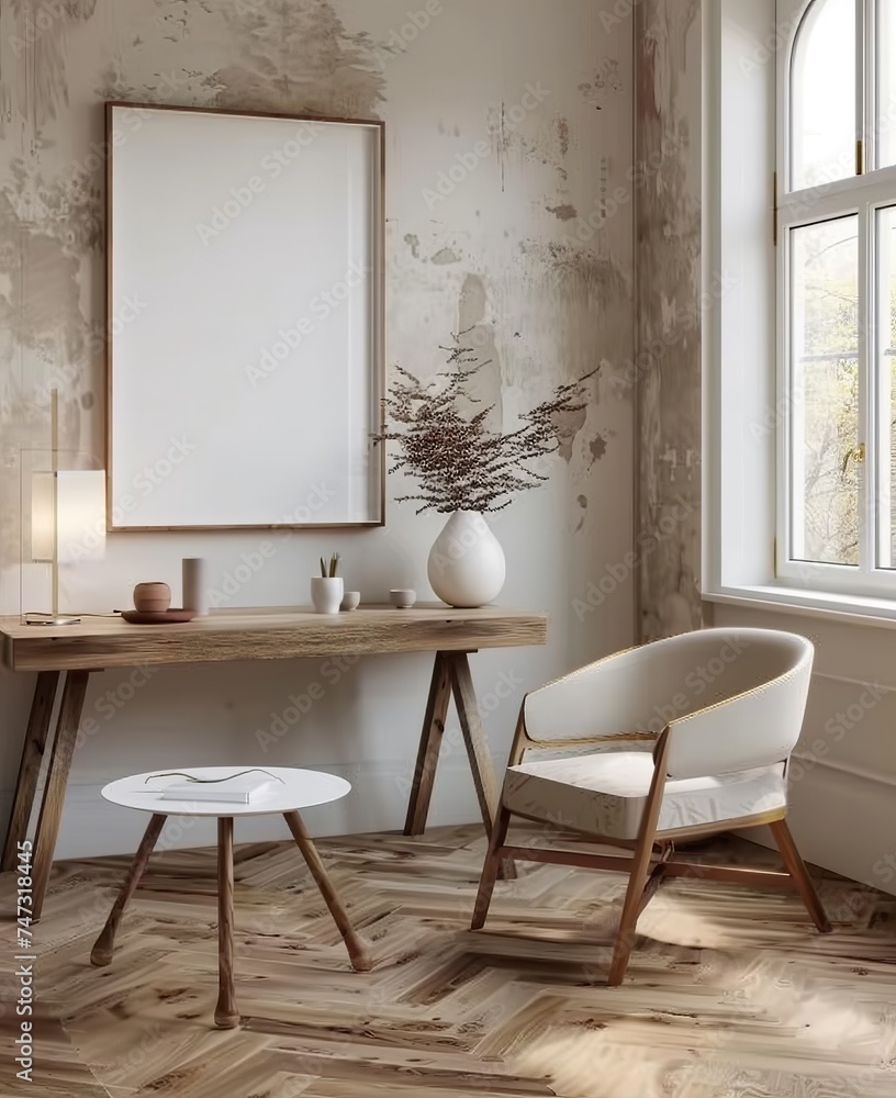 Fototapeta premium Frame Mockup in Cozy Modern Workplace with Interior Background, Presented in 3D Render. Made with Generative AI Technology