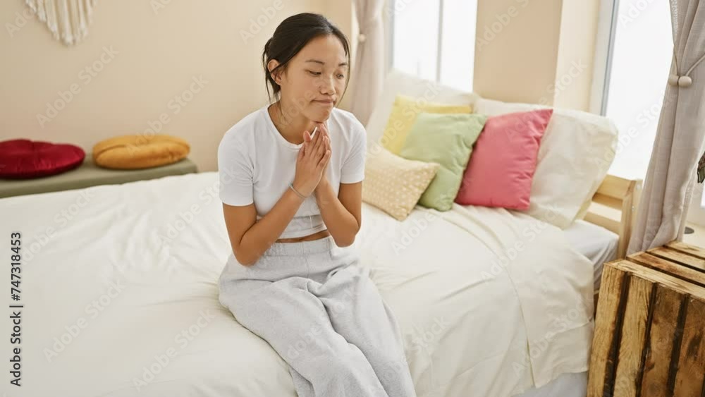 A contemplative young asian woman sits on a bed in a light-filled, colorfully accented bedroom, embodying tranquility and wakefulness. A contemplative young asian woman sits on a bed in a light-filled, colorfully accented bedroom, embodying tranquility and wakefulness.
