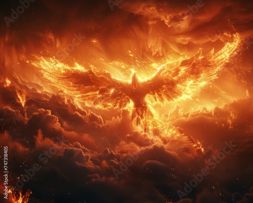 Flight of the Phoenix. Blaze of Fire Against Night Sky. With Wings Spread Wide, the Firebird Soars Through the Inferno, Its Plumage Aglow with Fiery Red and Orange © Thares2020