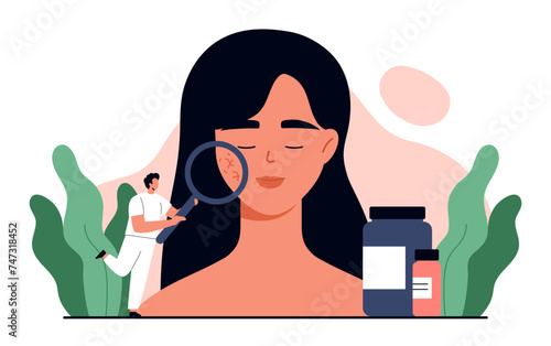 Couperose concept. Dermatologist doctor holding magnifying glass and examining rosacea on woman face. Dermatology treatment and skincare. Isolated vector illustration in cartoon
