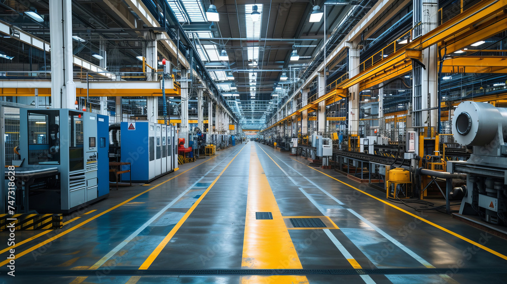A wide-angle view of a modern, bright, and spacious industrial factory with machinery and a yellow guided pathway A wide-angle view of a modern, bright, and spacious industrial factory with machinery and a yellow guided pathway