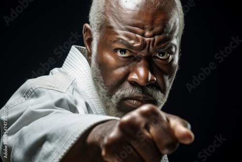focused intensity of a Grandpa karate fighter, his facial expression reflecting the dedication and commitment essential to mastering the art of self-defense. © Surachetsh