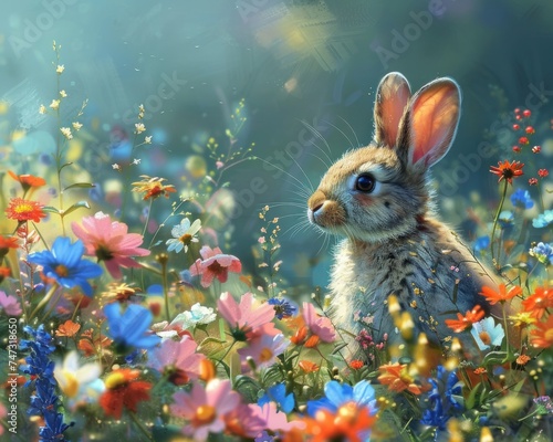 Charming Rabbit Amidst the Green Fields. With Ears Perked Up and Eyes Bright, This Adorable Bunny Enjoys the Warmth of the Summer Sun © Thares2020