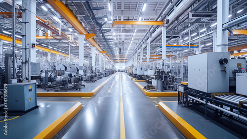 A wide-angle view of a modern  bright  and spacious industrial factory with machinery and a yellow guided pathway