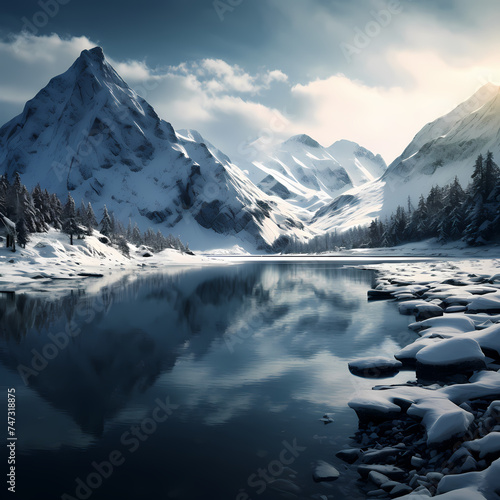 A serene lake surrounded by snow-covered mountains