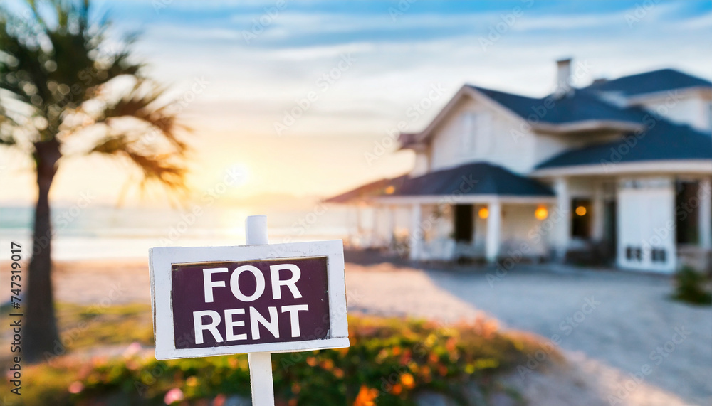For rent sign with tropical beach in background. Ocean front vacation rental property