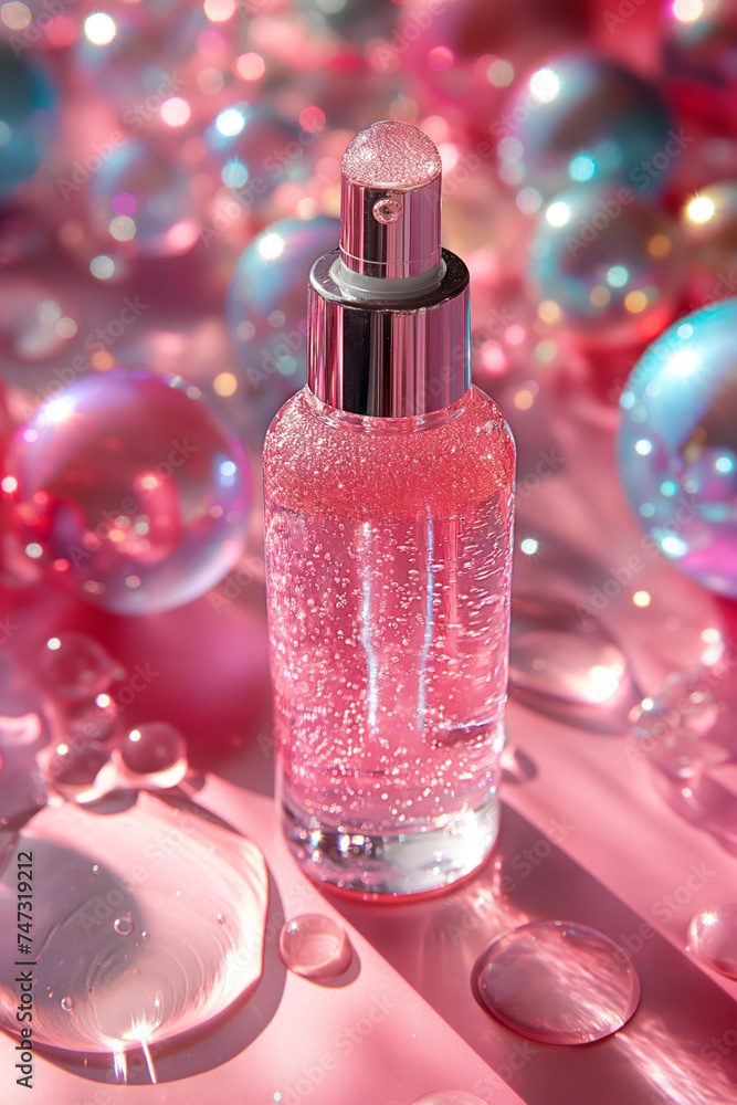 Transparent glass dropper bottle with liquid and oxygen bubbles on background with cosmetic drops in sunlight. Generative AI Transparent glass dropper bottle with liquid and oxygen bubbles on background with cosmetic drops in sunlight. Generative AI
