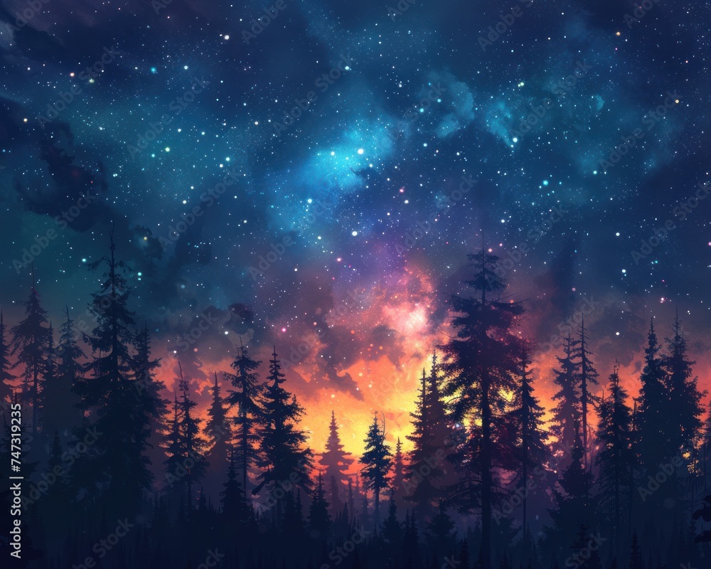 Dark Woods of the Cosmos. Journey Through the Galactic Night. Amidst the Tall Trees of the Forest, the Milky Way Stretches Across the Night Sky Dark Woods of the Cosmos. Journey Through the Galactic Night. Amidst the Tall Trees of the Forest, the Milky Way Stretches Across the Night Sky